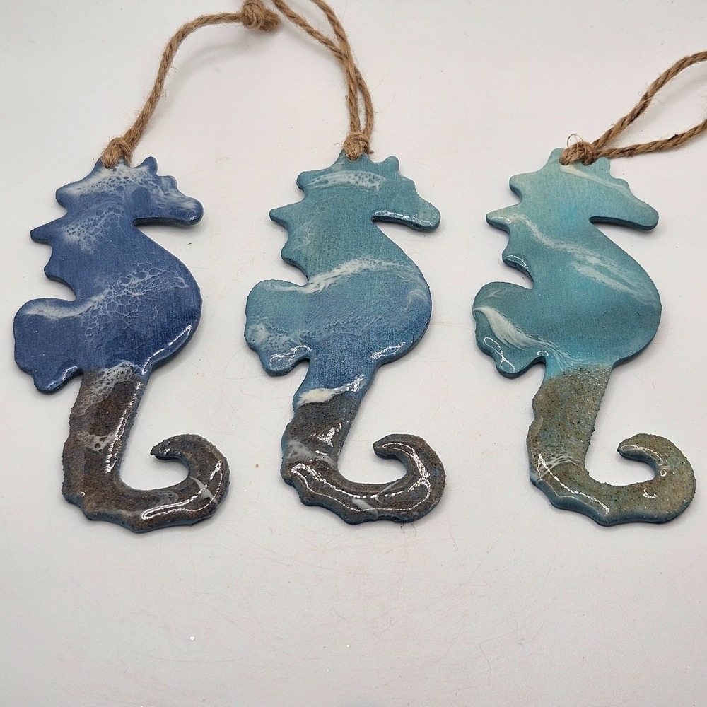 Set of 3 Wooden Seahorse Ornaments Blue Aqua Resin Ocean Coastal Beach Decor